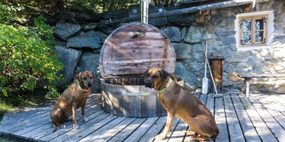 Hundehotel - Unterkunftsart: Chalets - Österreich - Außenzuber mit Hunde - Almdorf Seinerzeit