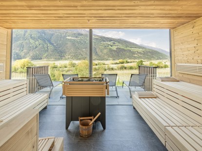 Hundehotel - Agility Parcours - Trentino-Südtirol - Der neue Wellnessbereich VISTA - Sauna mit atemberaubendem Panoramablick - Wanderhotel Vinschgerhof