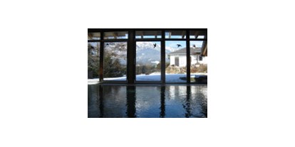Hundehotel - Pool beheizt - Sicht aus dem Schwimmbad durch das Panoramafenster auf die schneebedeckten Berge - Moser Ferienhäuser
