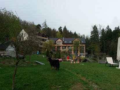 Hundehotel - Pools: Schwimmteich - Bayern - Aussenansicht - Natur-Hunde-Hotel Bergfried