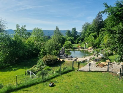Hundehotel - Pools: Schwimmteich - Bayern - Ausblick von der Gartensuite 27 mit Panoramablick auf den Teich - Natur-Hunde-Hotel Bergfried