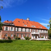 Hundehotel: Südseite des Schlosses mit Park  - Schloss Pütnitz