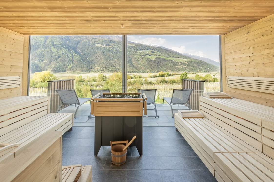 Urlaub-mit-Hund: Der neue Wellnessbereich VISTA - Sauna mit atemberaubendem Panoramablick - Wanderhotel Vinschgerhof
