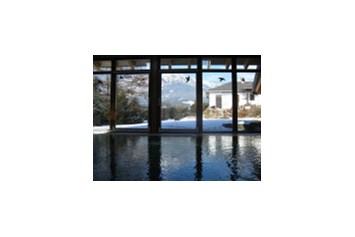 Ferienhaus mit Hund: Sicht aus dem Schwimmbad durch das Panoramafenster auf die schneebedeckten Berge - Moser Ferienhäuser