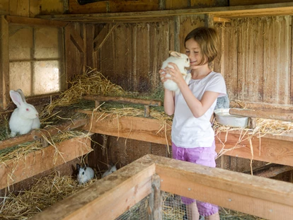 Hundehotel - Tauplitz - Hasenstall, die Kinder dürfen auch die Tiere streicheln - Bergbauernhof Pension Irxner