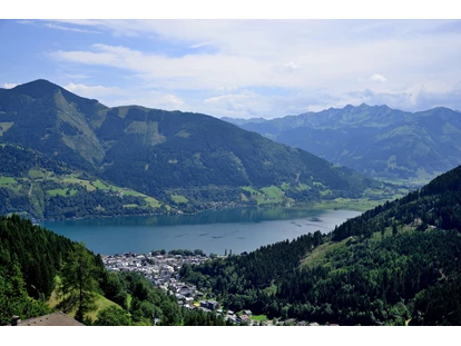 Hundehotel - Pools: Schwimmteich - Aussicht vom Hotel auf den Zeller See und die umliegenden Berge  - Berghotel Jaga Alm