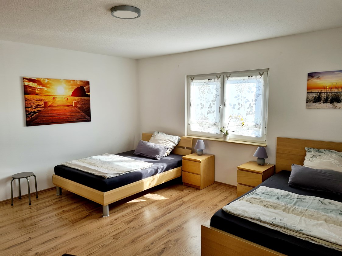 Ferienhaus mit Hund: Schlafzimmer im Erdgeschoss mit 2 Betten 140x200cm und TV mit Netflix - Monteur- und Ferienwohnung Gästehaus Rhein-Main Ferienwohnung
