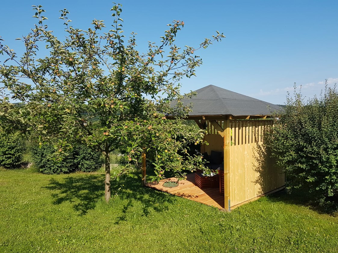 Ferienhaus mit Hund: Großer Garten mit überdachtem Pavillon und Obstbäumen - Ferienhaus "Traudl"