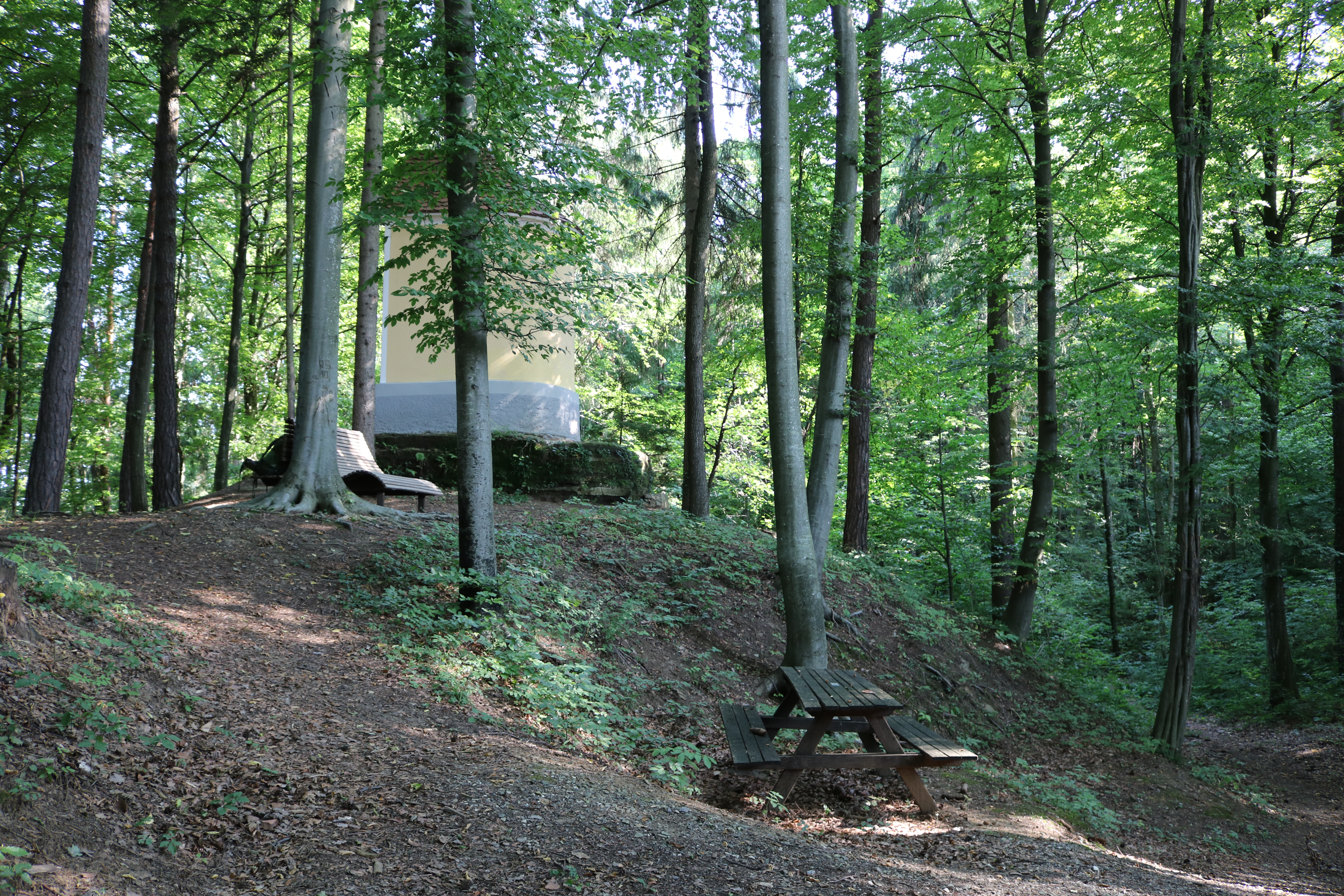Urlaub-mit-Hund: Nur ein paar Gehminuten entfernt im Wald findest DU den Kraftplatz VULKANARENA mit Waldkappelle - FerienAPPARTEMENTS Landhaus FühlDichWohl