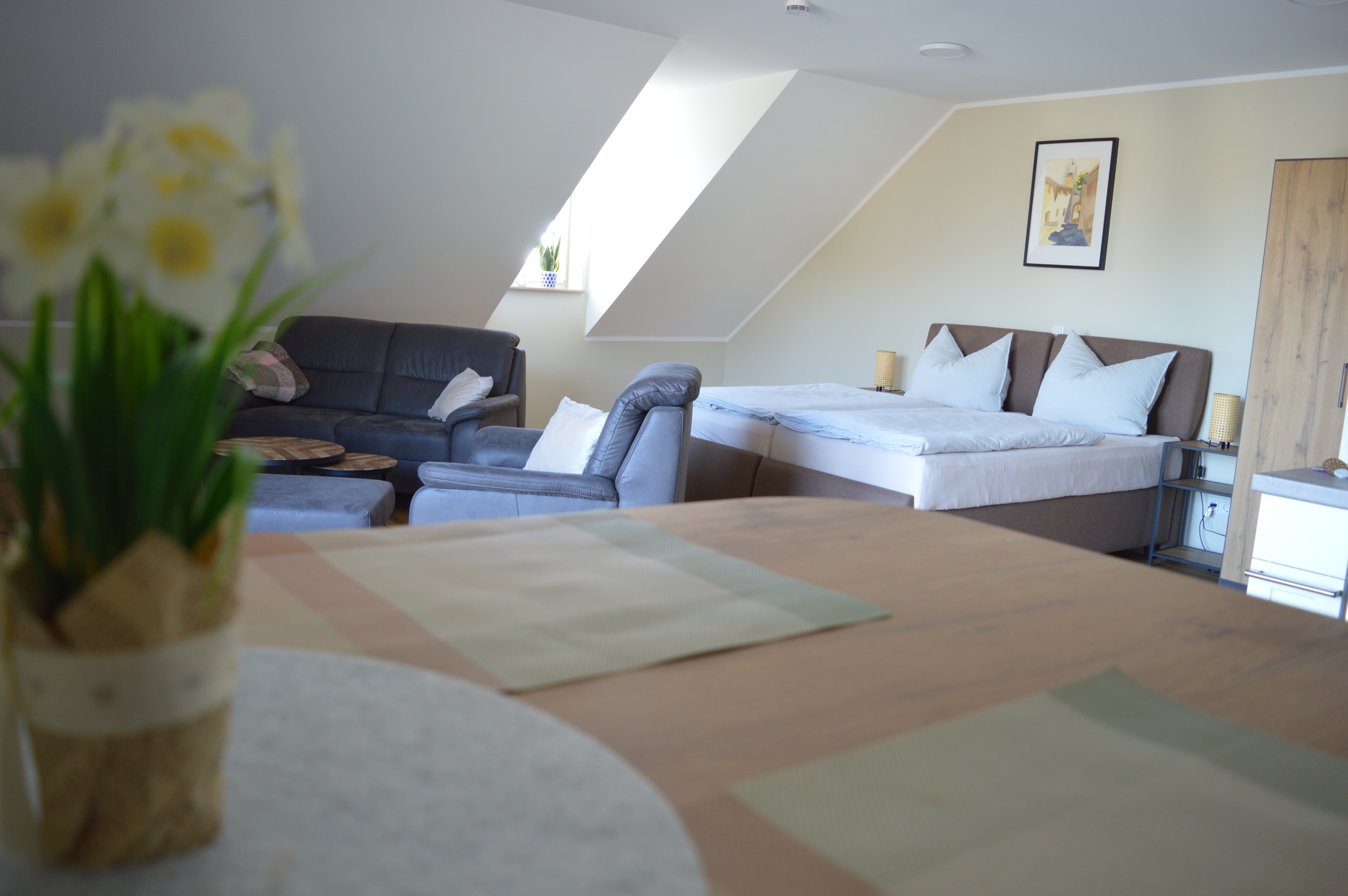 Ferienhaus mit Hund: Das Studio ist mit einer Küche, einem Wohnbereich, einer Essecke und einem Queen Size Bett ausgestattet. - Feriendomizil Im Saarschleifenland  (Camille Ollinger )