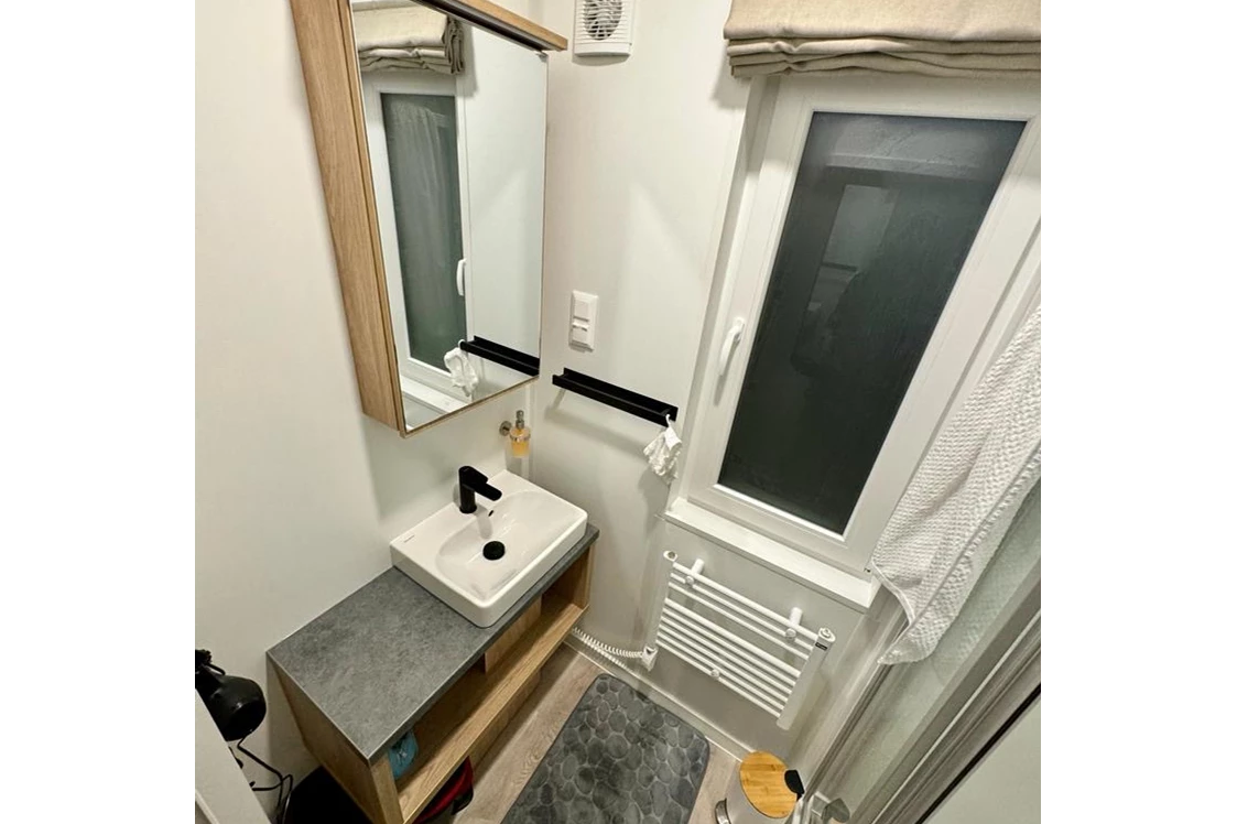 Ferienhaus mit Hund: Im Badezimmer befinden sich ein Spiegelschrank, Fön und ein Heizkörper für Handtücher. - Blue Flamingo Lake Lodge 