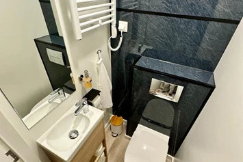 Ferienhaus mit Hund: Separates WC mit Handwaschbecken und einem Heizkörper für Handtücher. - Blue Flamingo Lake Lodge 