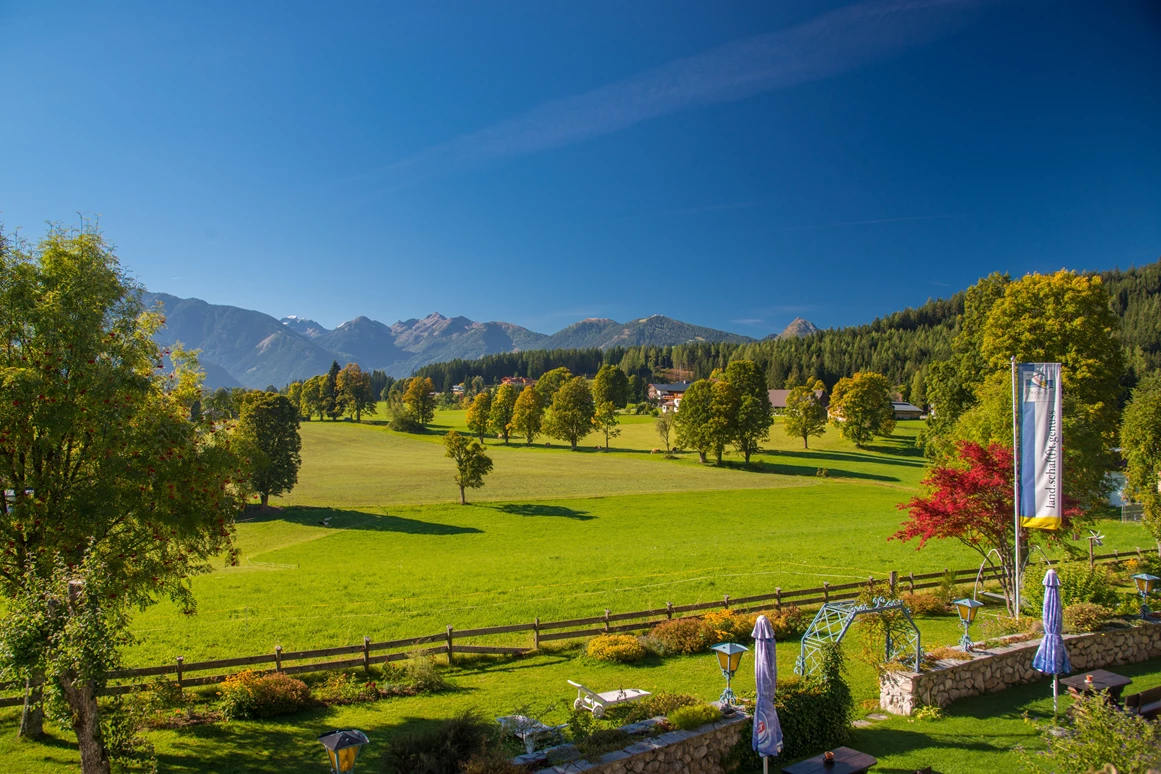 Urlaub-mit-Hund: Panoramablick vom Balkon auf die umliegende Bergwelt - Almfrieden Hotel & Romantikchalet - Haus | Umgebung