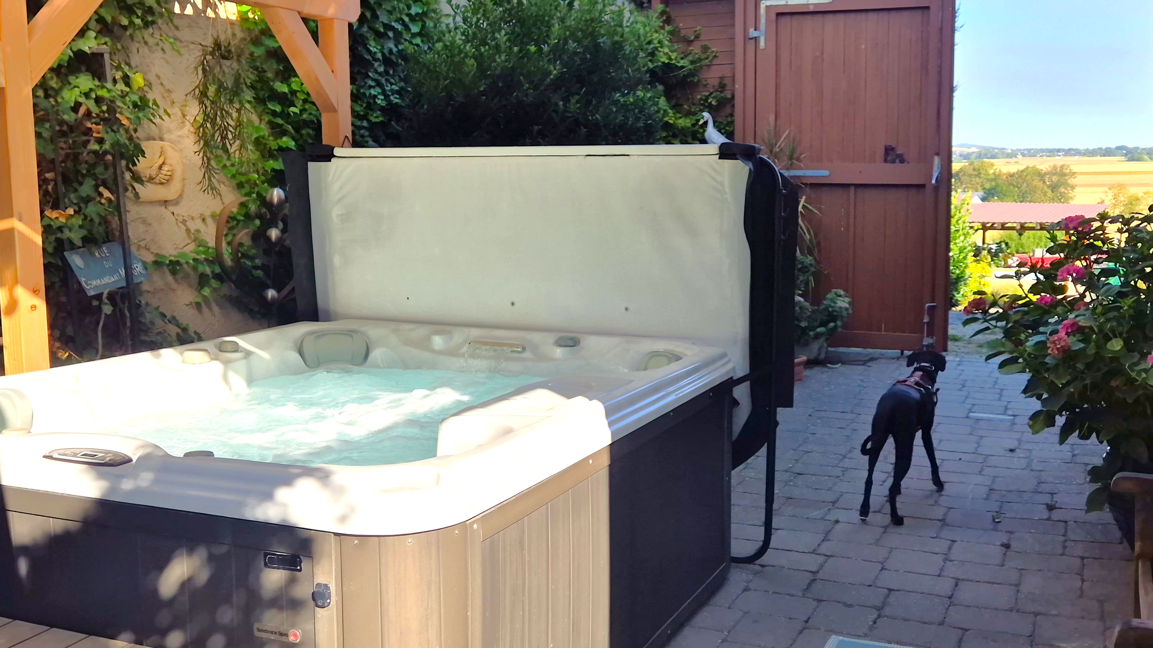 Urlaub-mit-Hund: Überdachter Outdoorwhirlpool. Dahinter das Scheunentor zum Garten mit Natur-Panorama. - Wellness-Ferienhaus Maifelder Uhlenhorst - Wo die Fellnase mit in dem Privat-Spa darf
