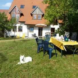Urlaub-mit-Hund: Frühstück im Garten - Ferienhof Sommerberg